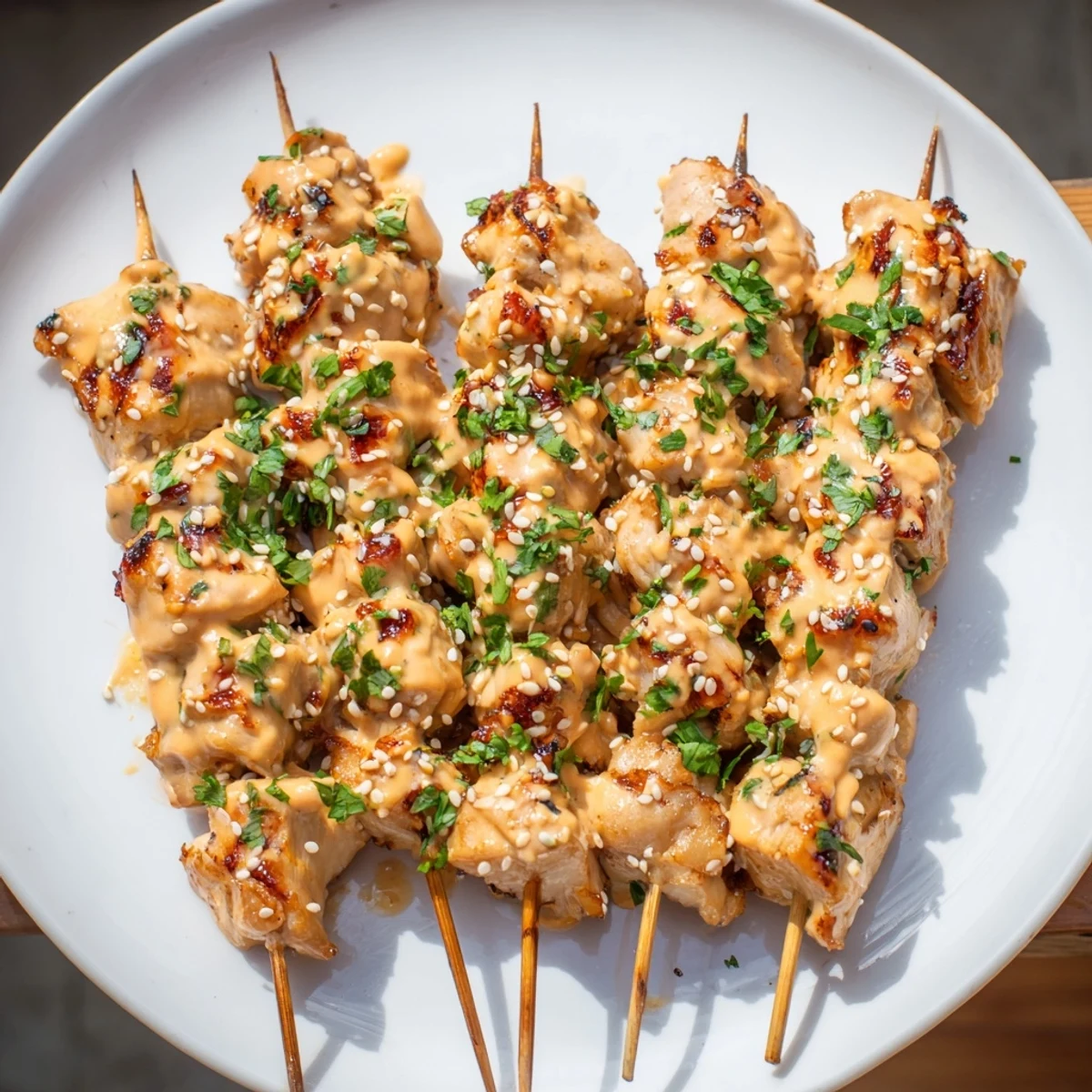 Juicy Bang Bang Chicken Skewers glazed with creamy spicy sauce, garnished with cilantro and sesame seeds.