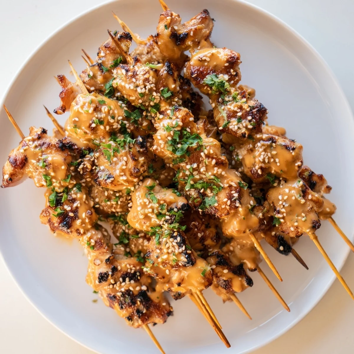 Bang Bang Chicken Skewers arranged on a platter, served with fresh scallions and toasted sesame seeds.