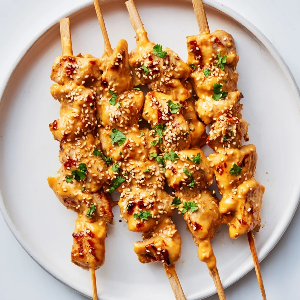 Grilled Bang Bang Chicken Skewers sizzling on a plate with lime wedges, perfect for a weeknight dinner.