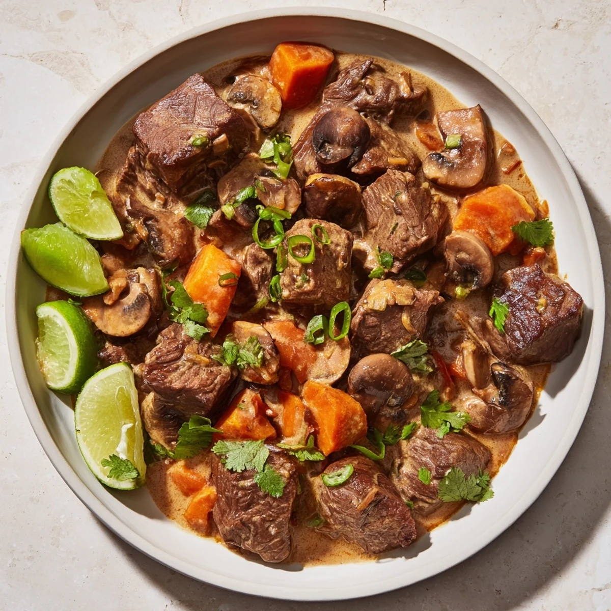 Savory lemongrass coconut braised beef with mushrooms steaming beside fluffy jasmine rice. 