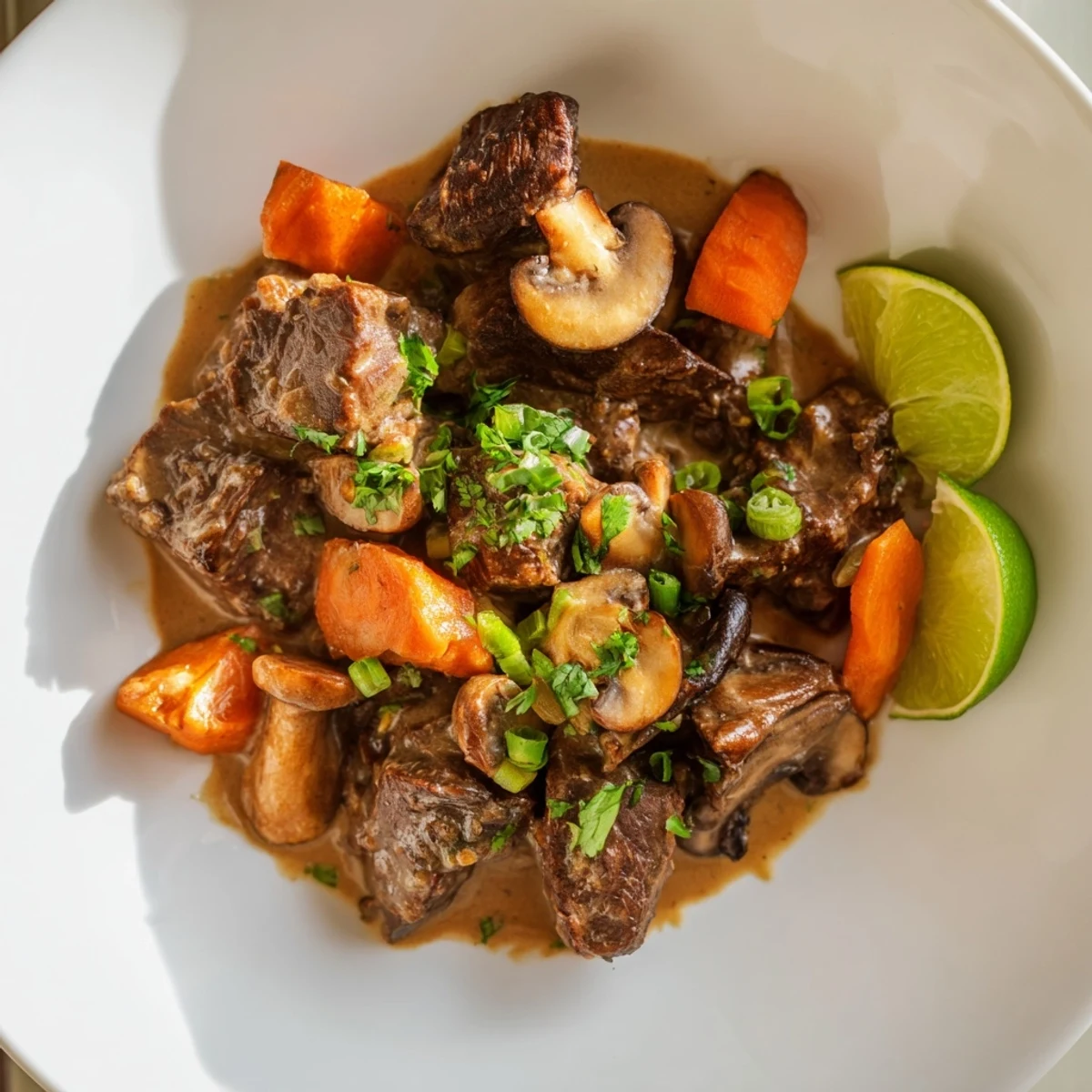 Hearty Lemongrass Coconut Braised Beef with Mushrooms served over noodles in a cozy bowl.