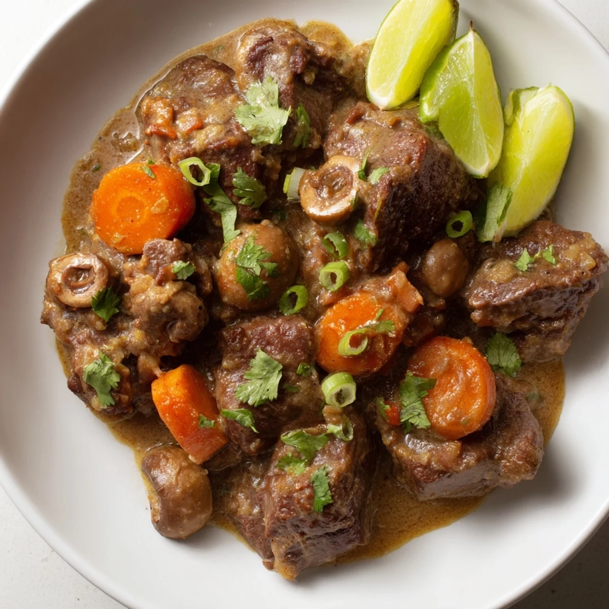 Tender beef cubes glisten in a creamy coconut and lemongrass mushroom sauce. 
