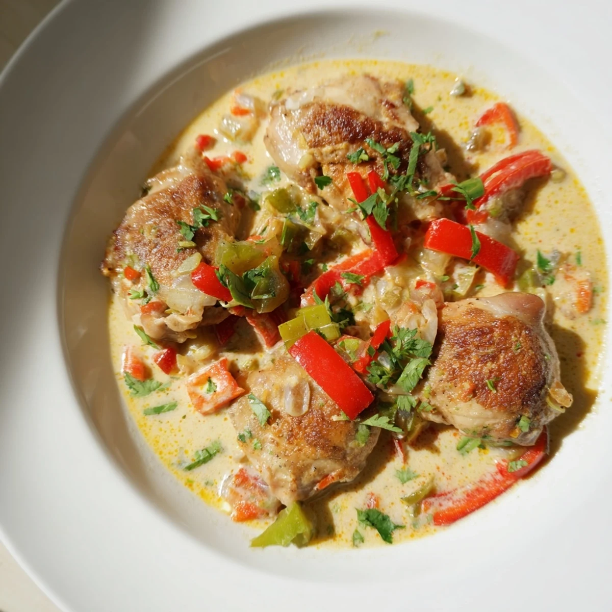 Fragrant Brazilian Coconut Chicken simmers in a creamy coconut milk sauce with tender chicken thighs and peppers.