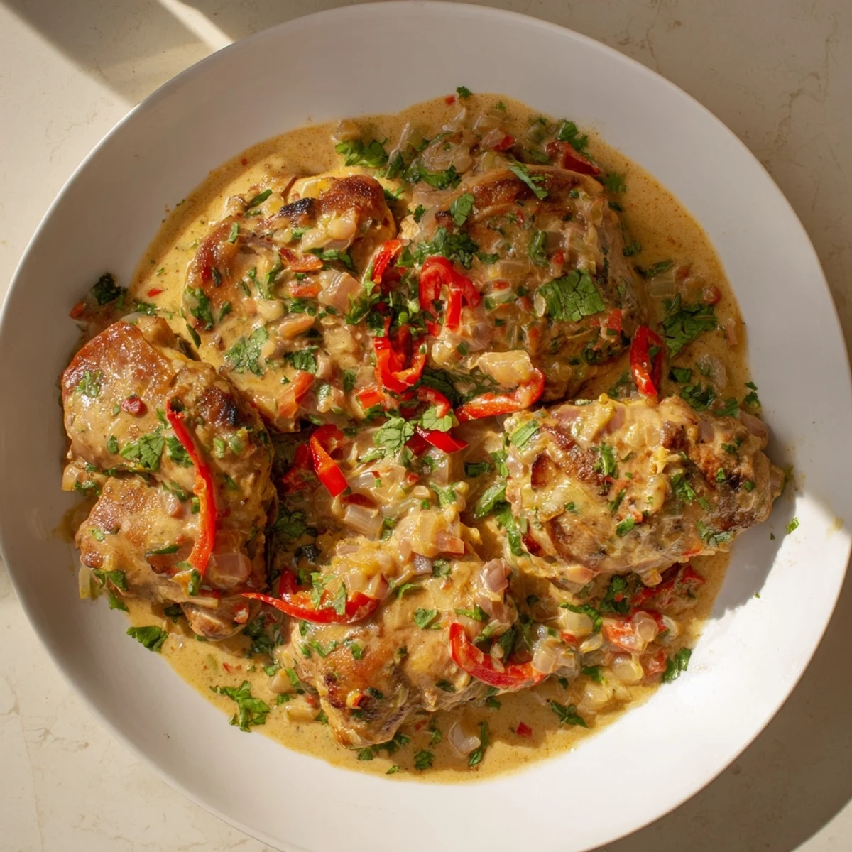 Plated Brazilian Coconut Chicken served over steamed white rice with fresh cilantro garnish, ready to enjoy.