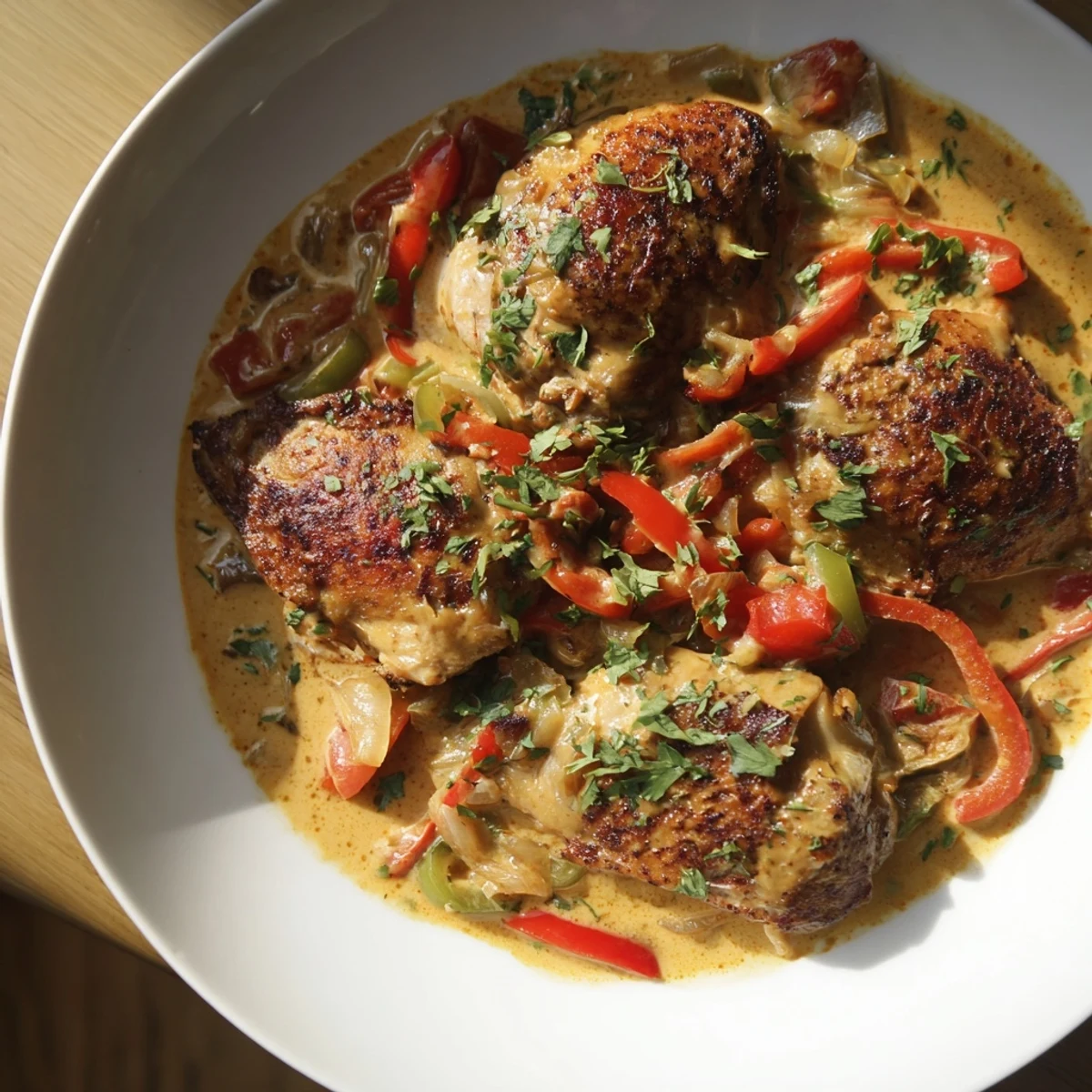 Close-up of Brazilian Coconut Chicken in a skillet, showing golden chicken pieces in a vibrant orange sauce.