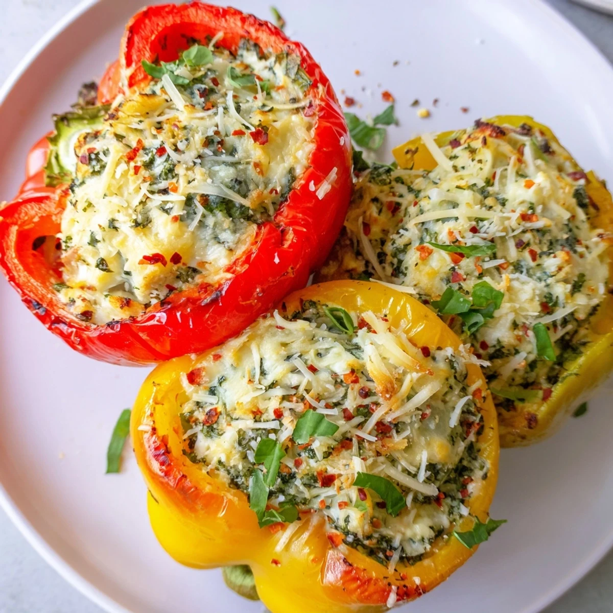 Golden-baked Ricotta Stuffed Peppers with melted mozzarella and fresh herbs on a rustic plate.