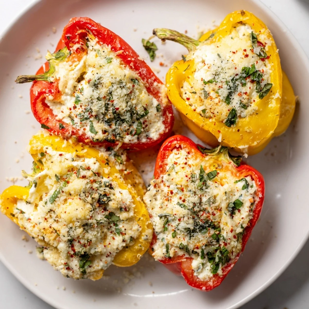 Sizzling Ricotta Stuffed Peppers fresh from the oven, served alongside a crisp green salad.