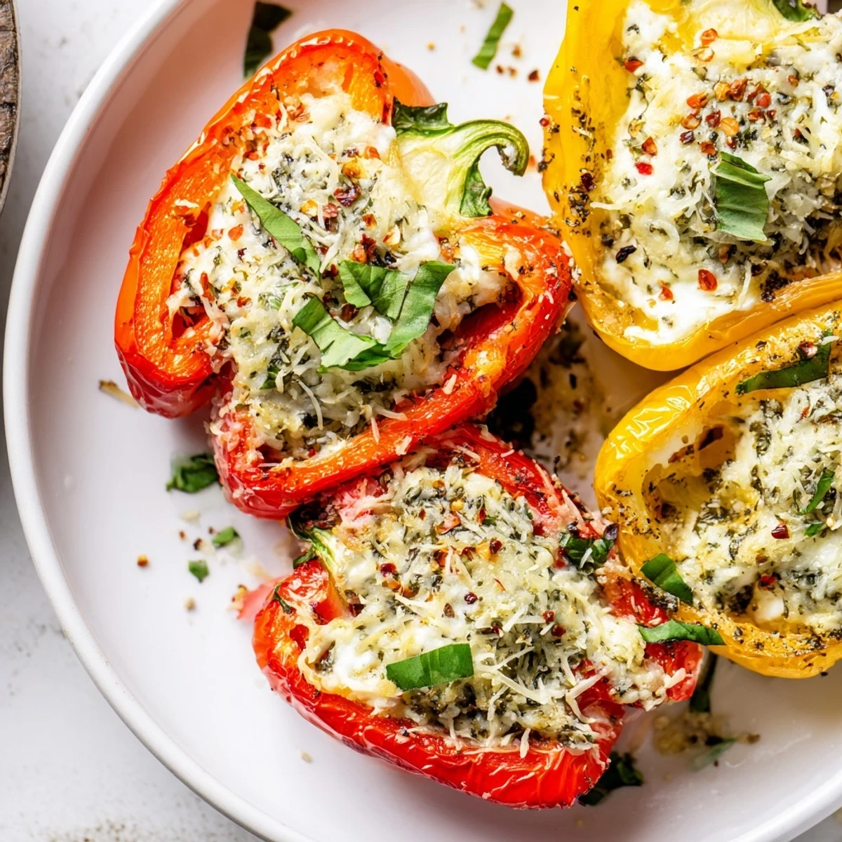 Vibrant yellow bell pepper halves filled with creamy ricotta and garnished with fresh basil leaves.