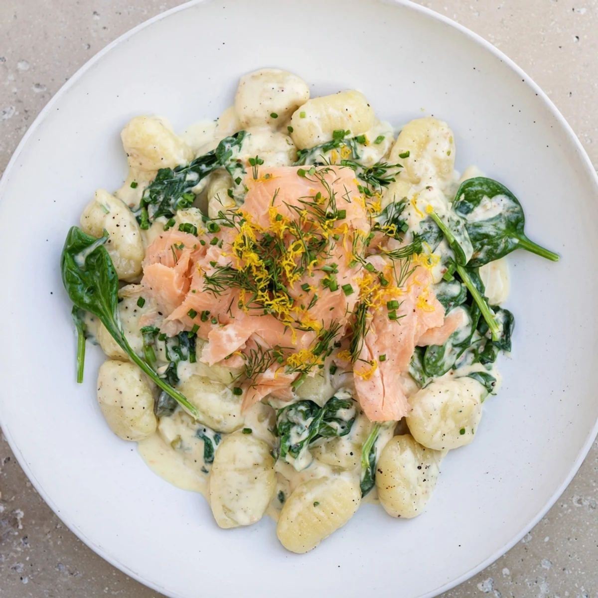 Healthy Smoked Salmon Gnocchi in a white bowl, featuring pillowy gnocchi and silky salmon strips with lemon wedges.