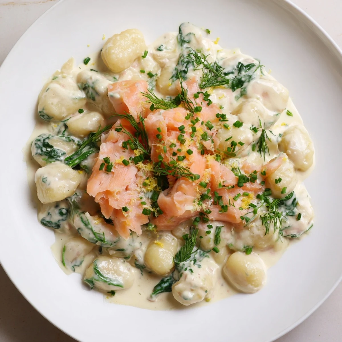 A close-up of Healthy Smoked Salmon Gnocchi in a creamy sauce, topped with fresh dill and chives.