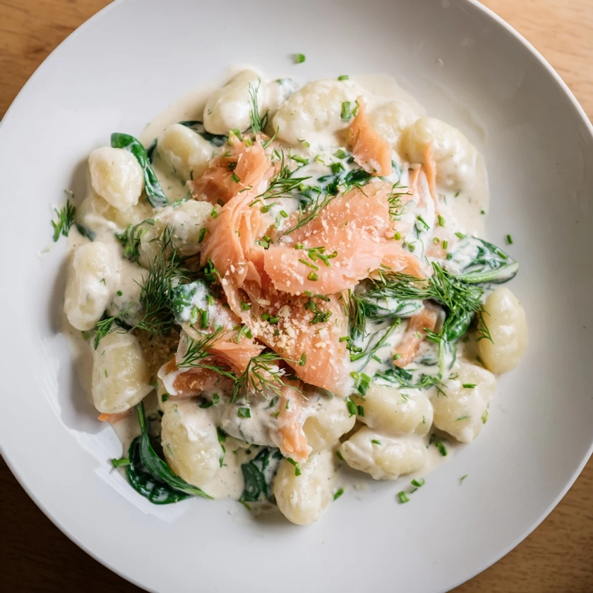 Overhead view of Healthy Smoked Salmon Gnocchi with wilted spinach and creamy sauce, ready to serve with herbs.