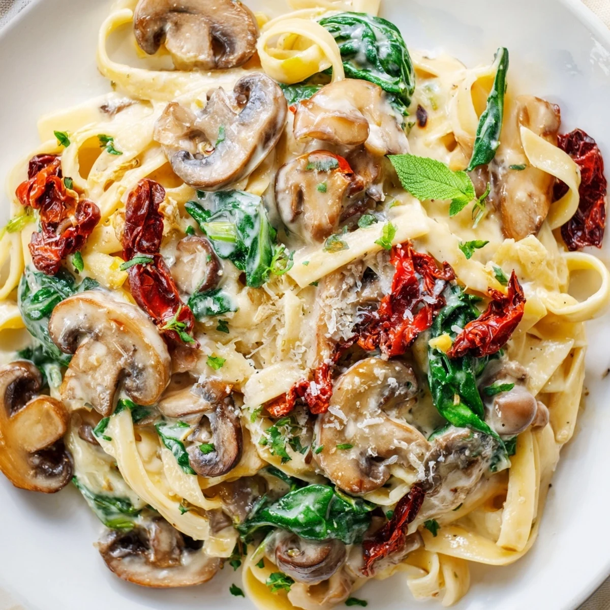 Creamy Tuscan Mushroom Pasta Skillet showcases penne in a rich parmesan sauce, with sautéed mushrooms and wilted spinach.