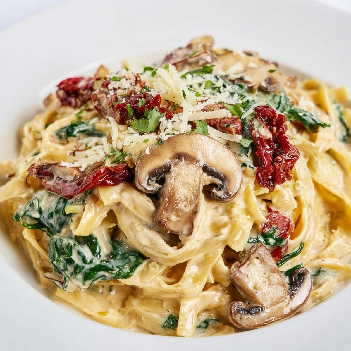 In a warm skillet, Creamy Tuscan Mushroom Pasta Skillet features sun-dried tomatoes, spinach, and tender mushrooms.