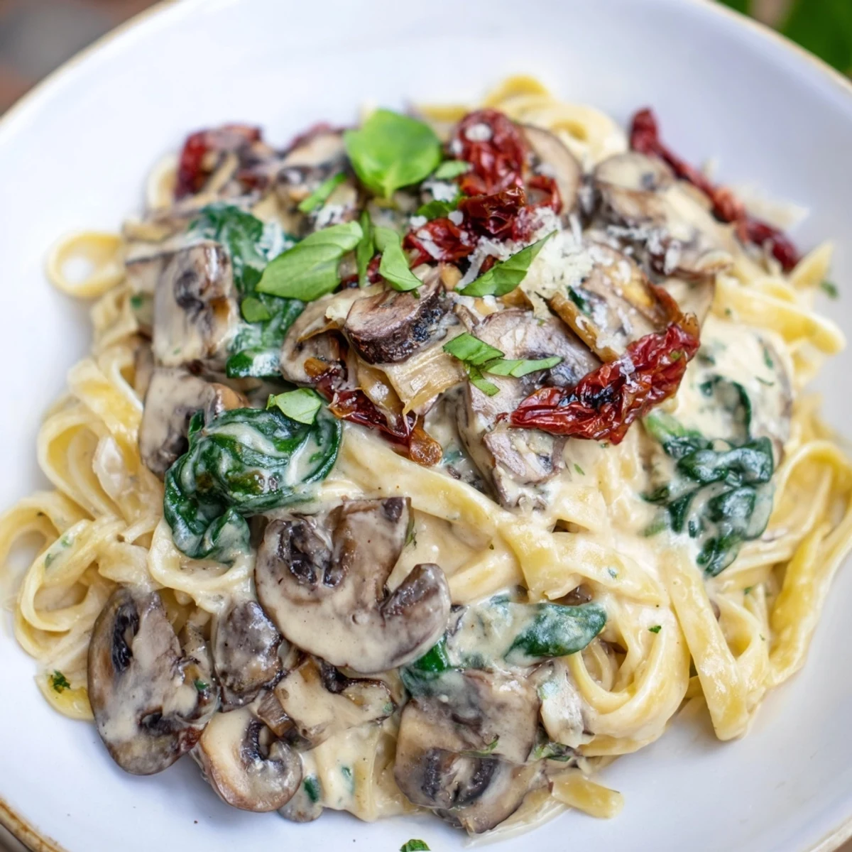 Served steaming from the skillet, Creamy Tuscan Mushroom Pasta Skillet pairs well with crusty bread and white wine.