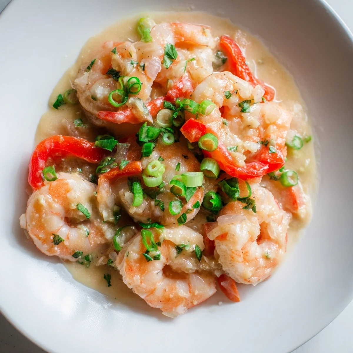 Creamy garlic shrimp in coconut milk garnished with cilantro, served over steamed white rice in a rustic bowl.