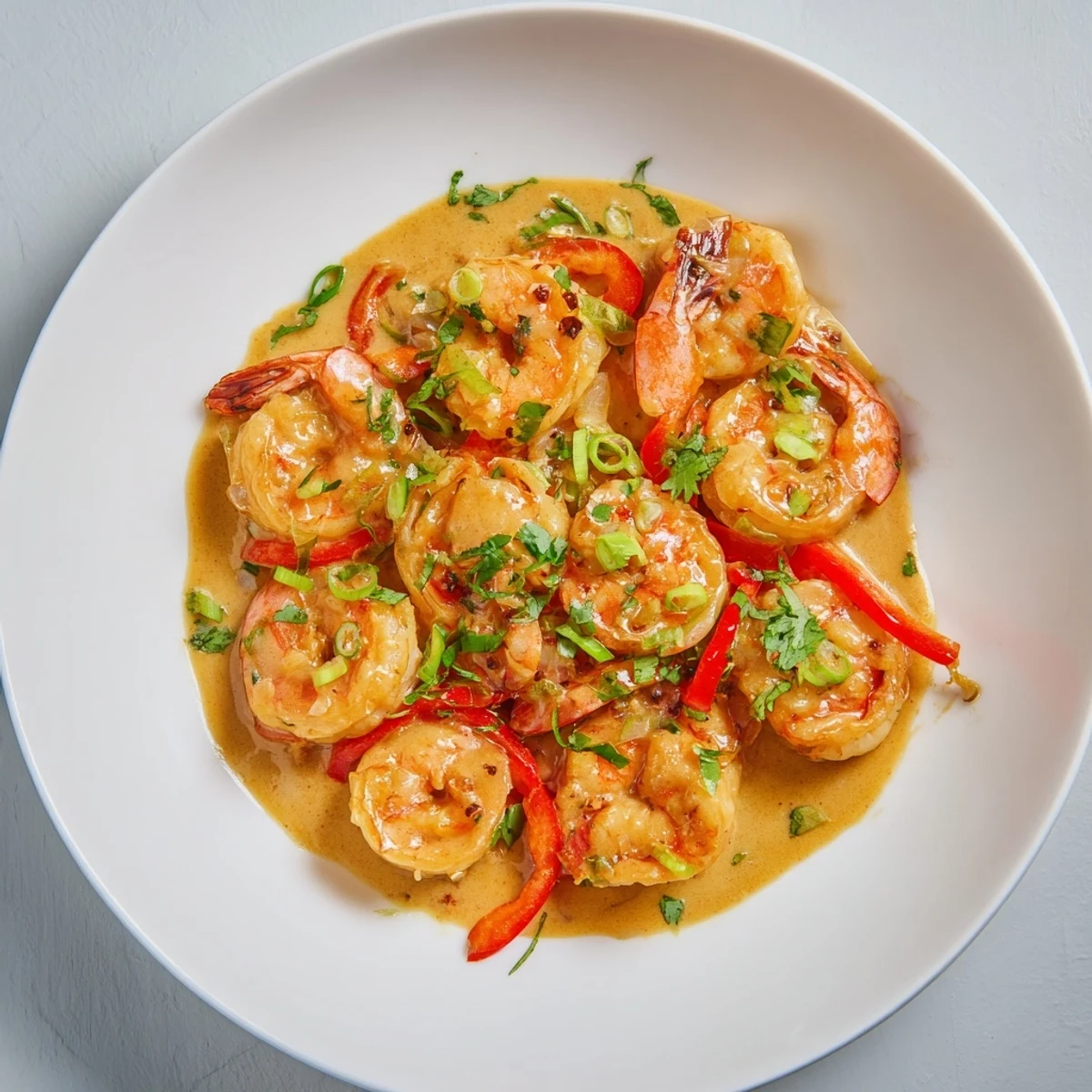 Juicy garlic shrimp in coconut milk simmering in a rich sauce with red bell pepper and fresh green onions.