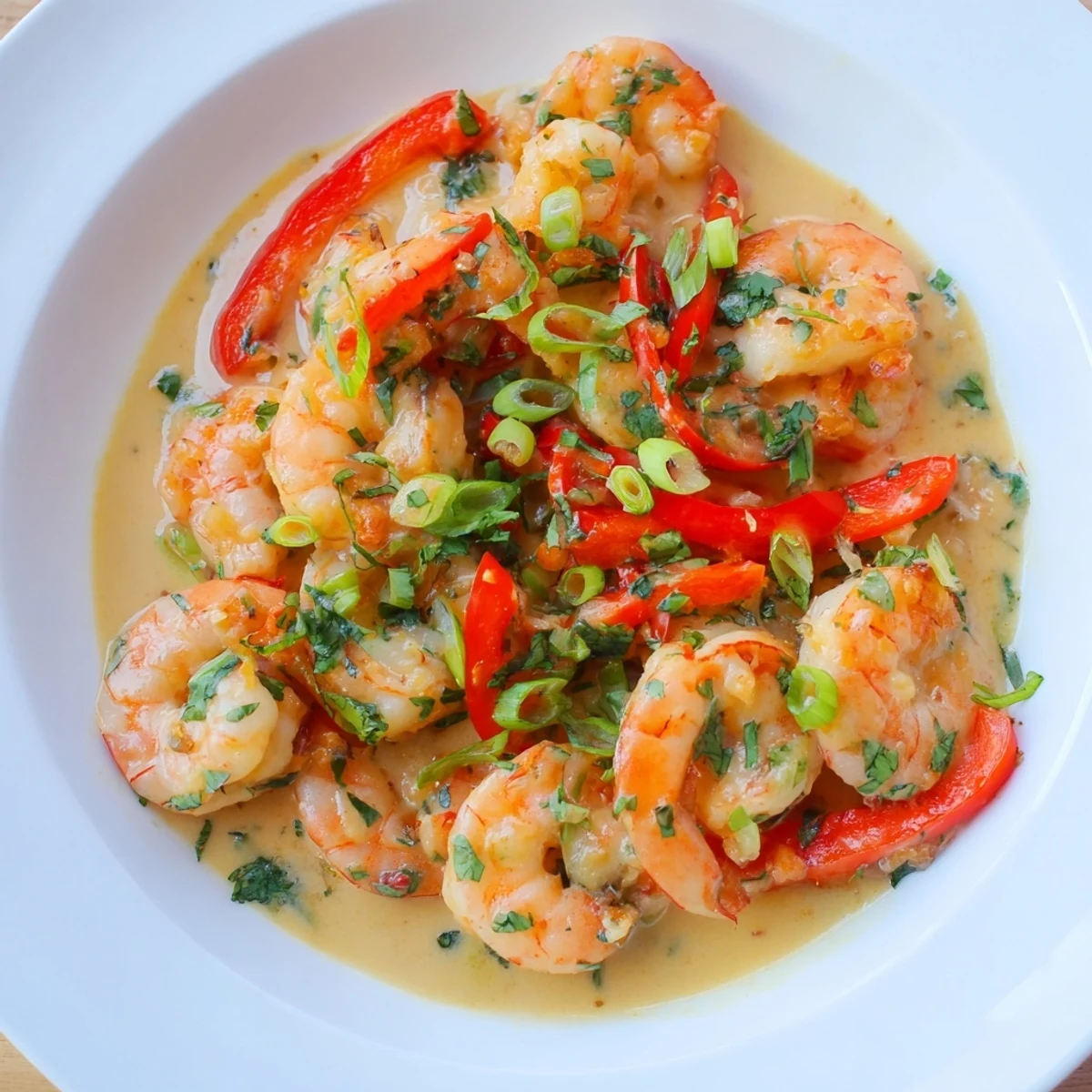 Garlic shrimp in coconut milk sizzling in a skillet, finished with lime wedges and chopped cilantro for brightness.