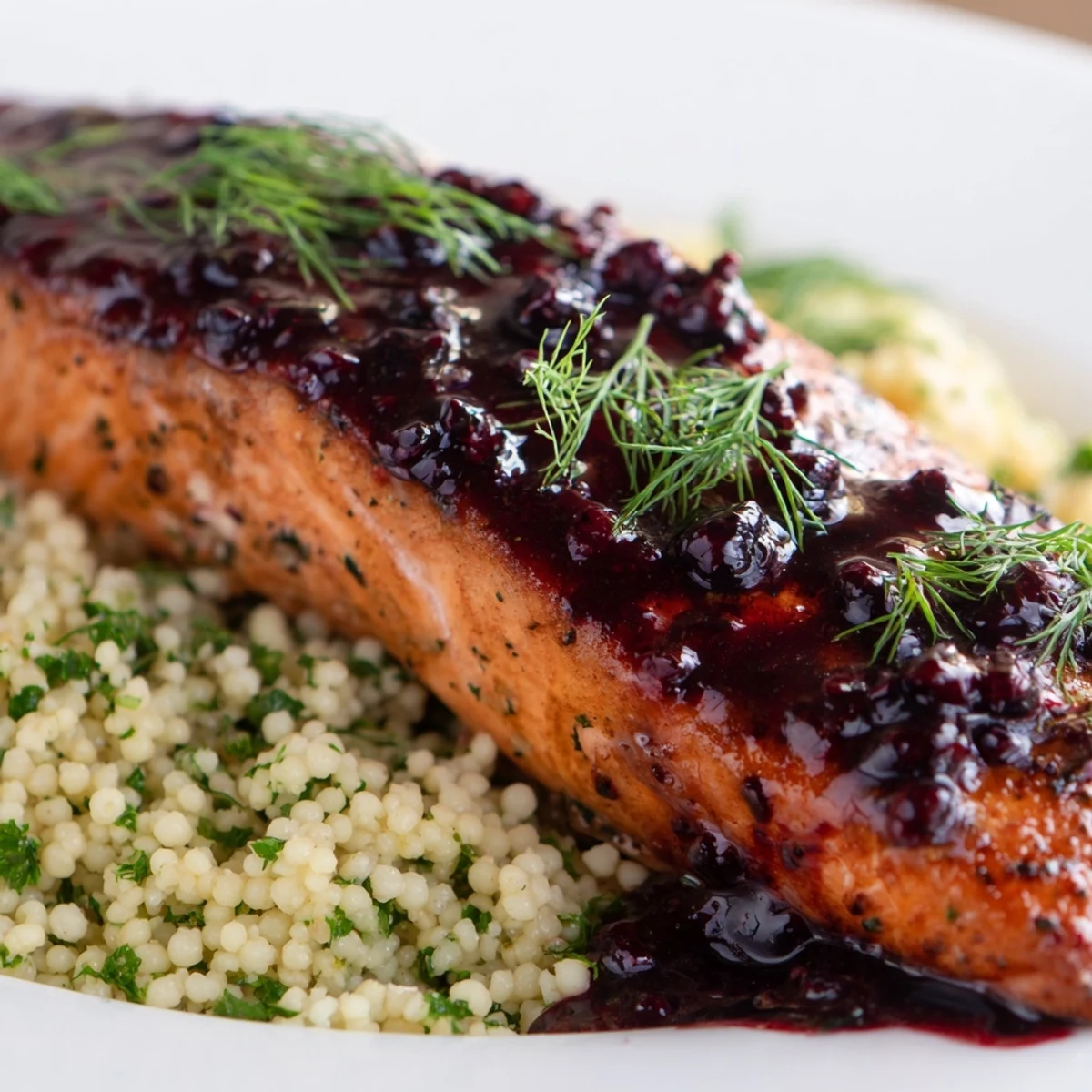Glossy salmon fillets glazed with vibrant blueberry reduction on a bed of fluffy lemon herb couscous.