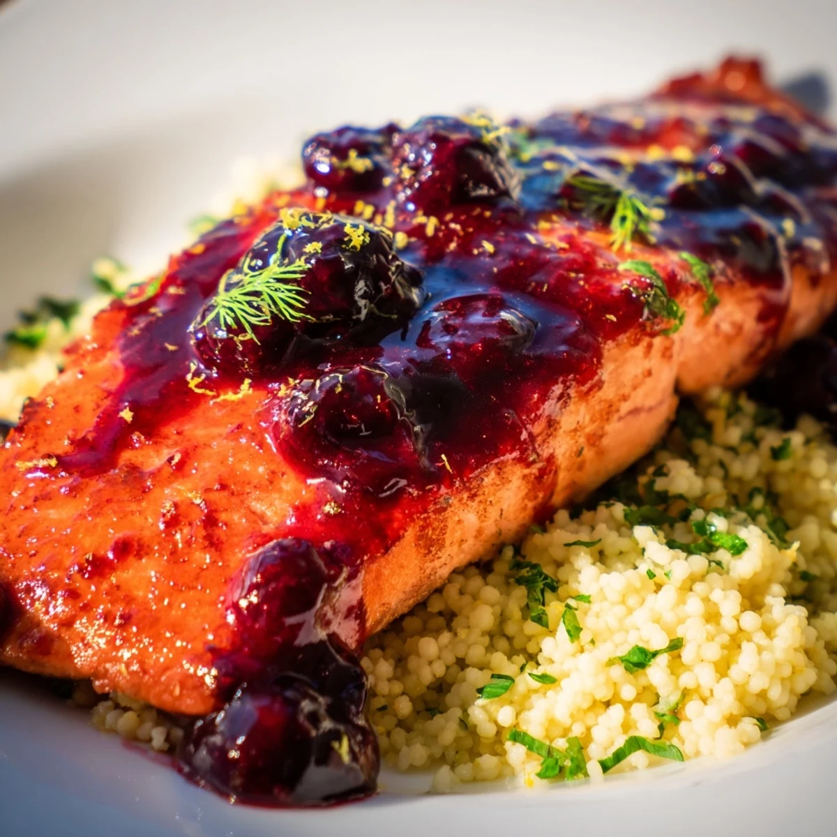 Moist baked salmon with deep purple blueberry glaze served over aromatic lemon herb couscous, ready to enjoy.