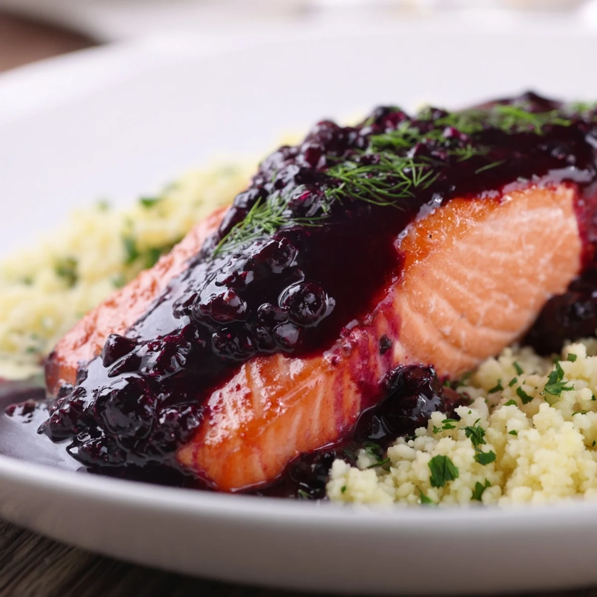 Golden-brown salmon fillets topped with rich blueberry glaze beside zesty lemon herb couscous on a white plate.
