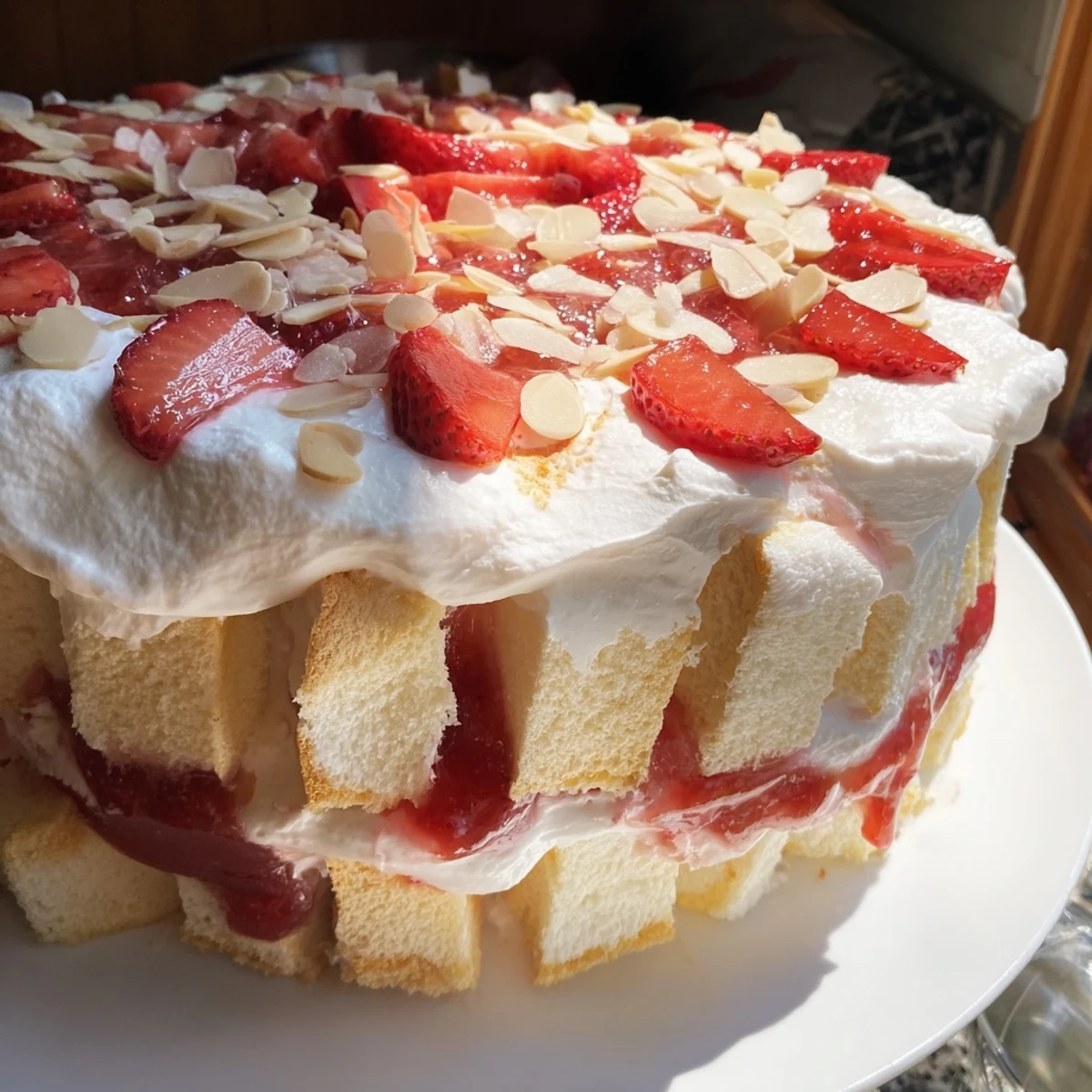 This chilled Heaven on Earth Cake dessert is topped with fresh sliced strawberries and sliced almonds for a summer gathering.
