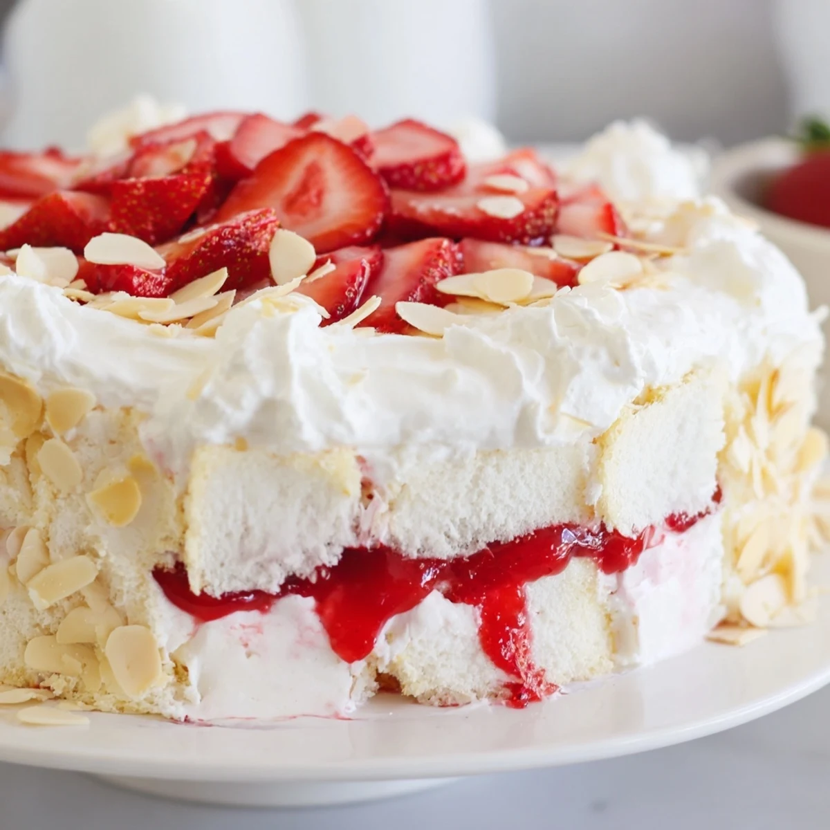 A close-up view of Heaven on Earth Cake layers in a glass dish, showing fluffy angel food cake, creamy vanilla pudding, and glossy strawberry filling.