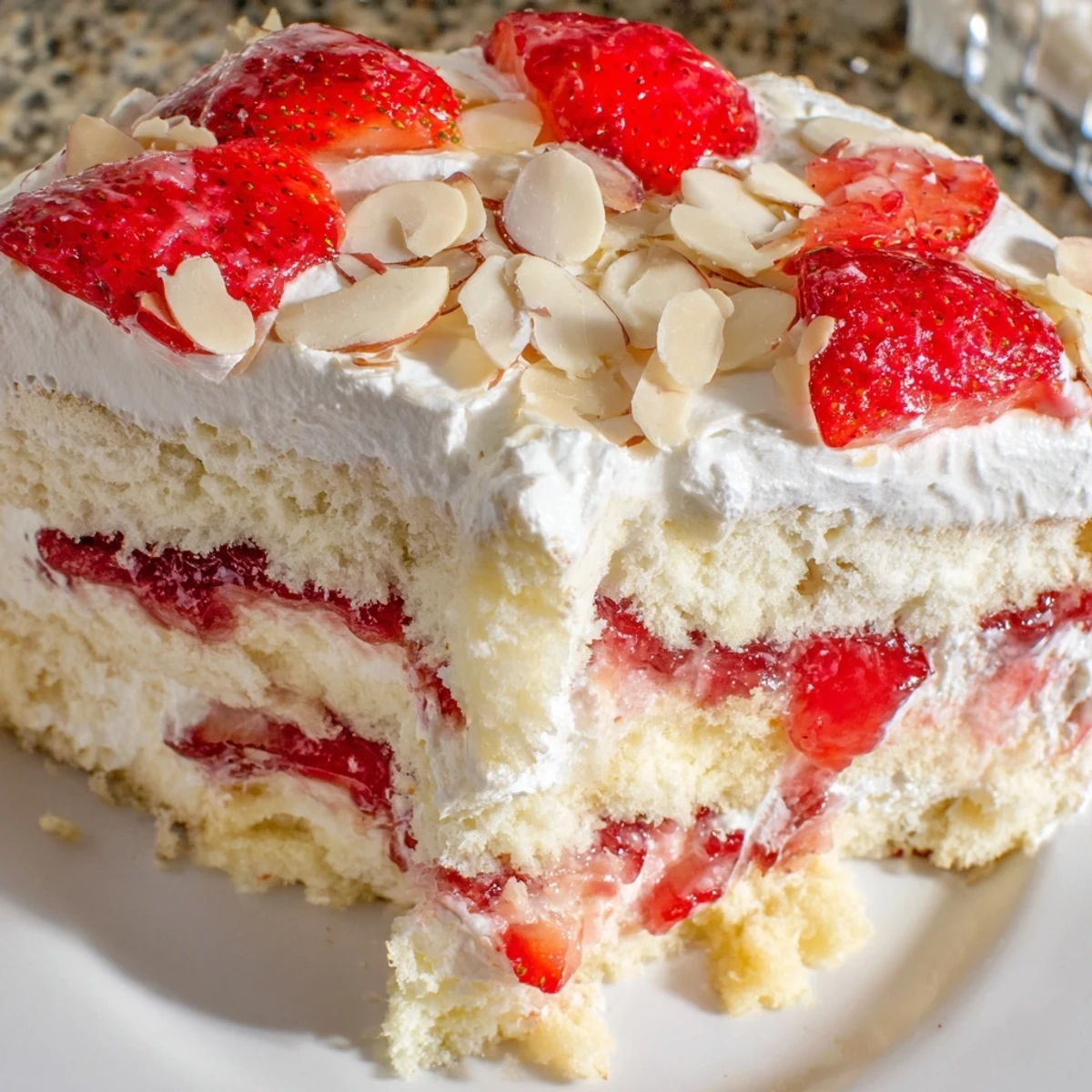 Overhead shot of a slice of Heaven on Earth Cake on a white plate, revealing soft cake and rich strawberry layers.
