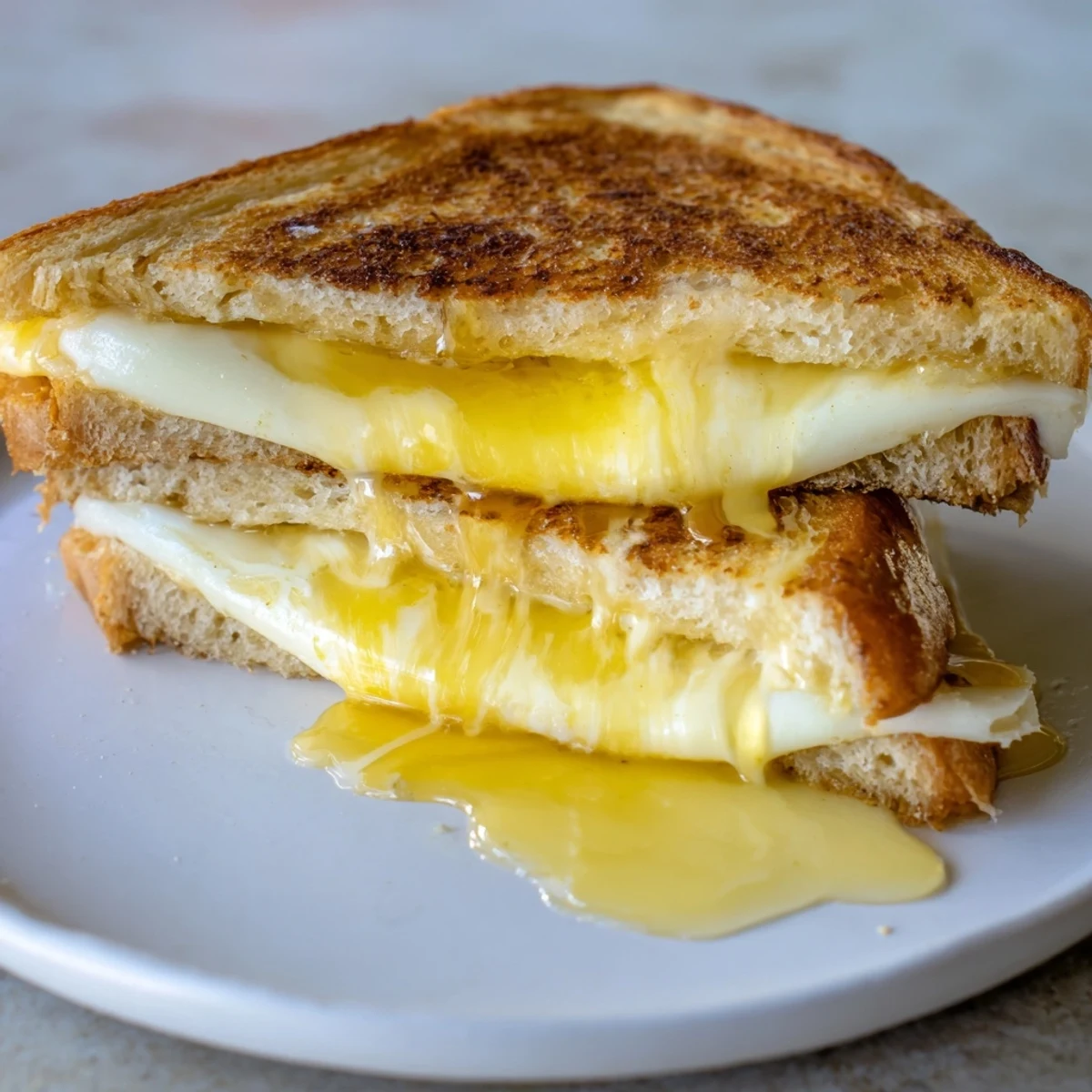 A close-up of toasted sourdough revealing melted Gruyère and a honey glaze, highlighting the Cheese Grilled Cheese with Honey Bliss.
