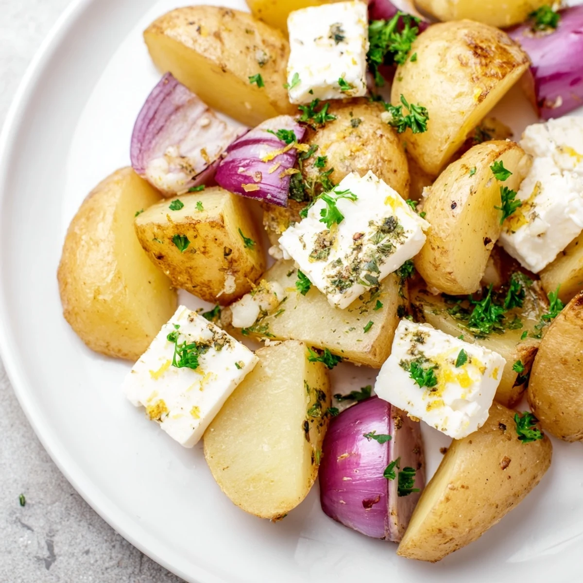 Roasted golden baby potatoes with tangy baked feta and fresh herbs, featuring Baked Feta Potatoes with Lemon.
