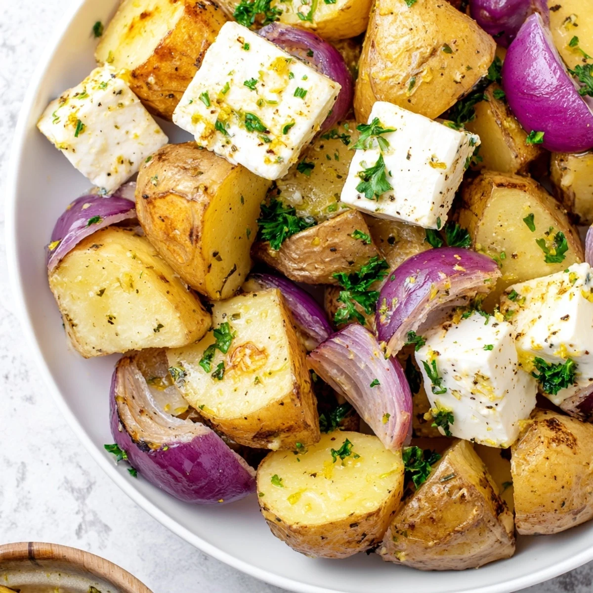 Close-up of Baked Feta Potatoes with Lemon on a white platter, garnished with parsley and lemon zest wedges.