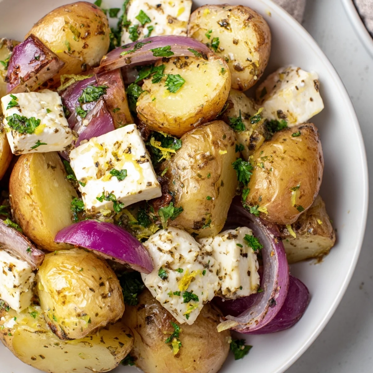 Sizzling Baked Feta Potatoes with Lemon emerge from the oven, paired with grilled chicken for a complete Mediterranean meal.