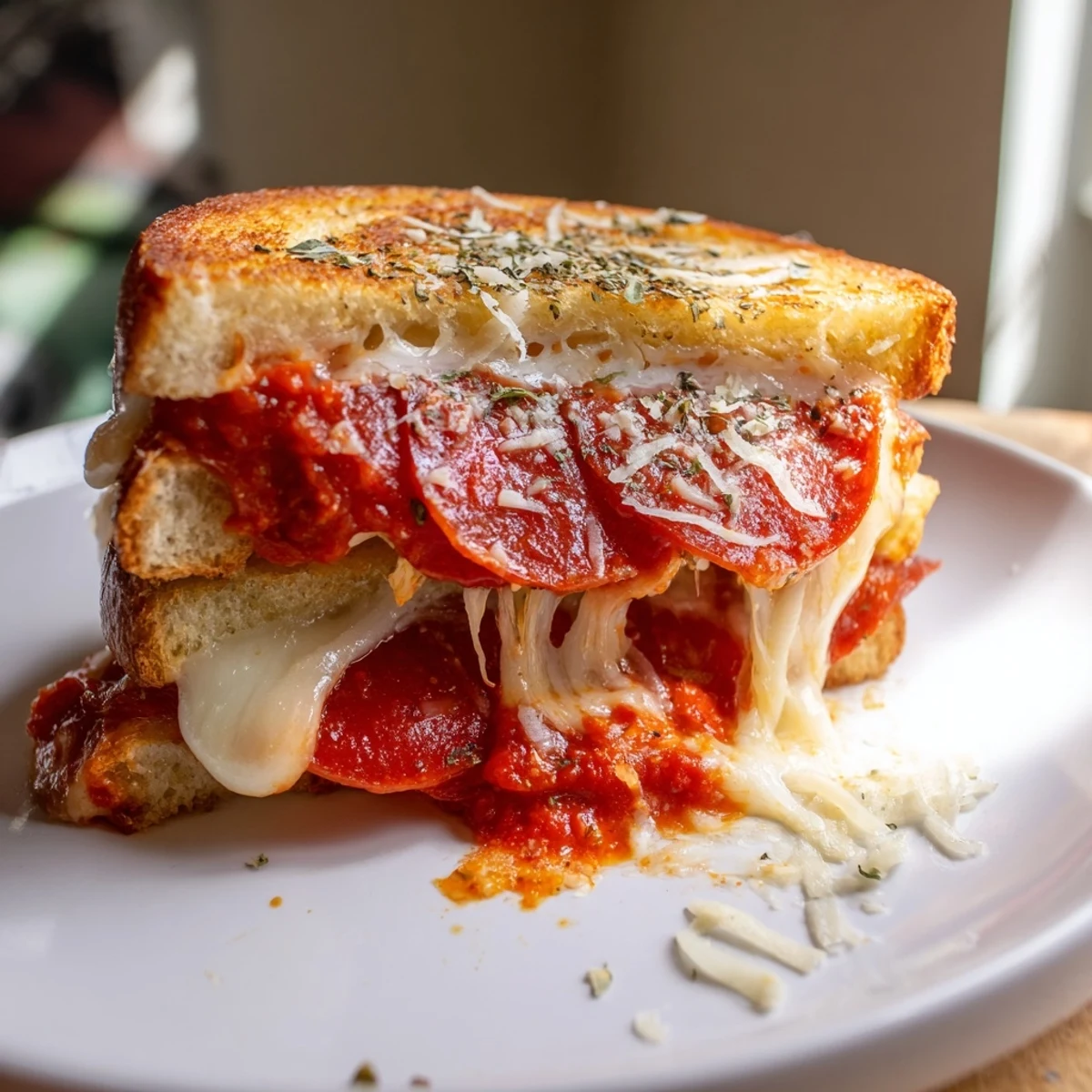 A close-up of a gooey Pizza Grilled Cheese sandwich, golden buttery bread with melted mozzarella and pepperoni.
