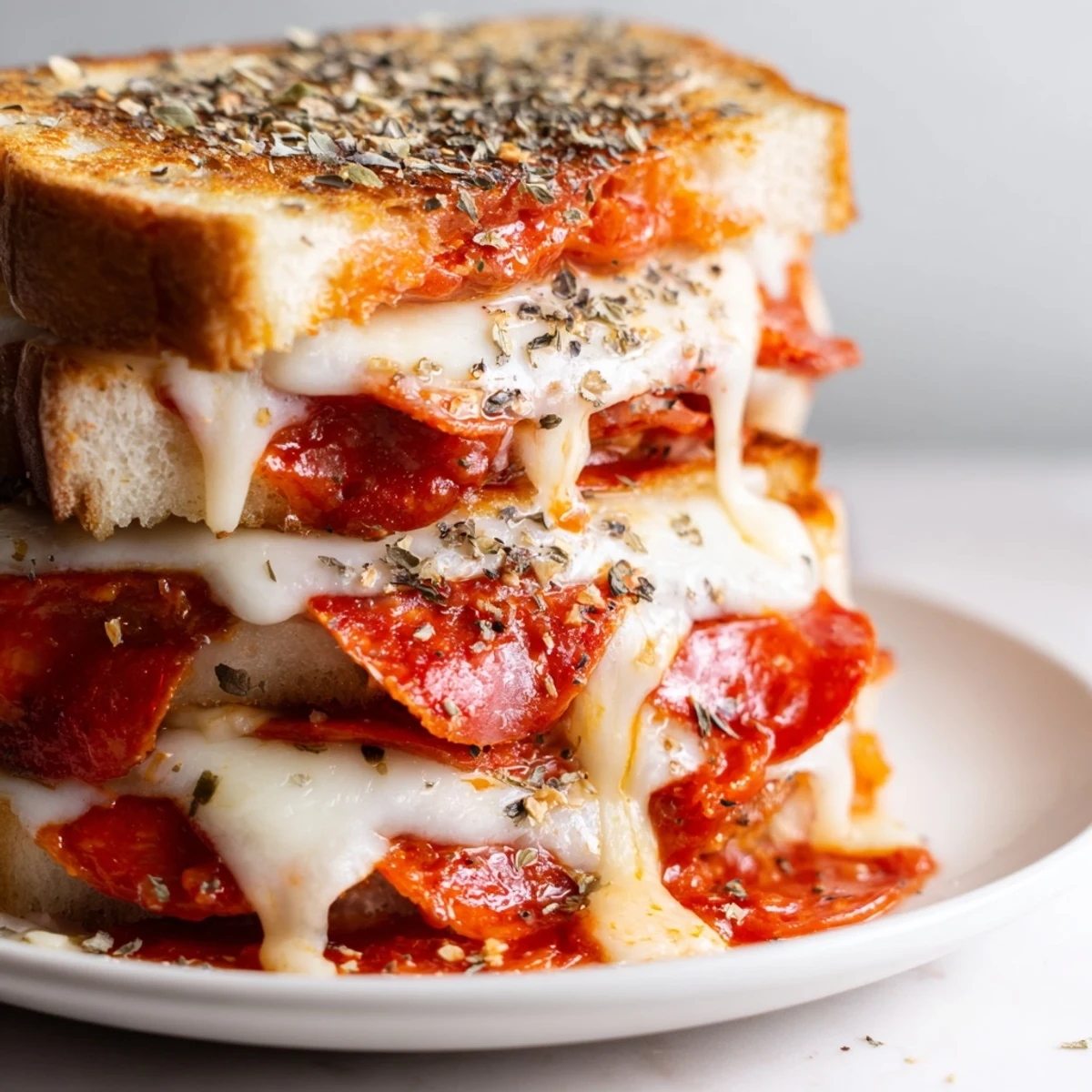 A person slices a hot Pizza Grilled Cheese, revealing gooey cheese stretch and red marinara sauce.