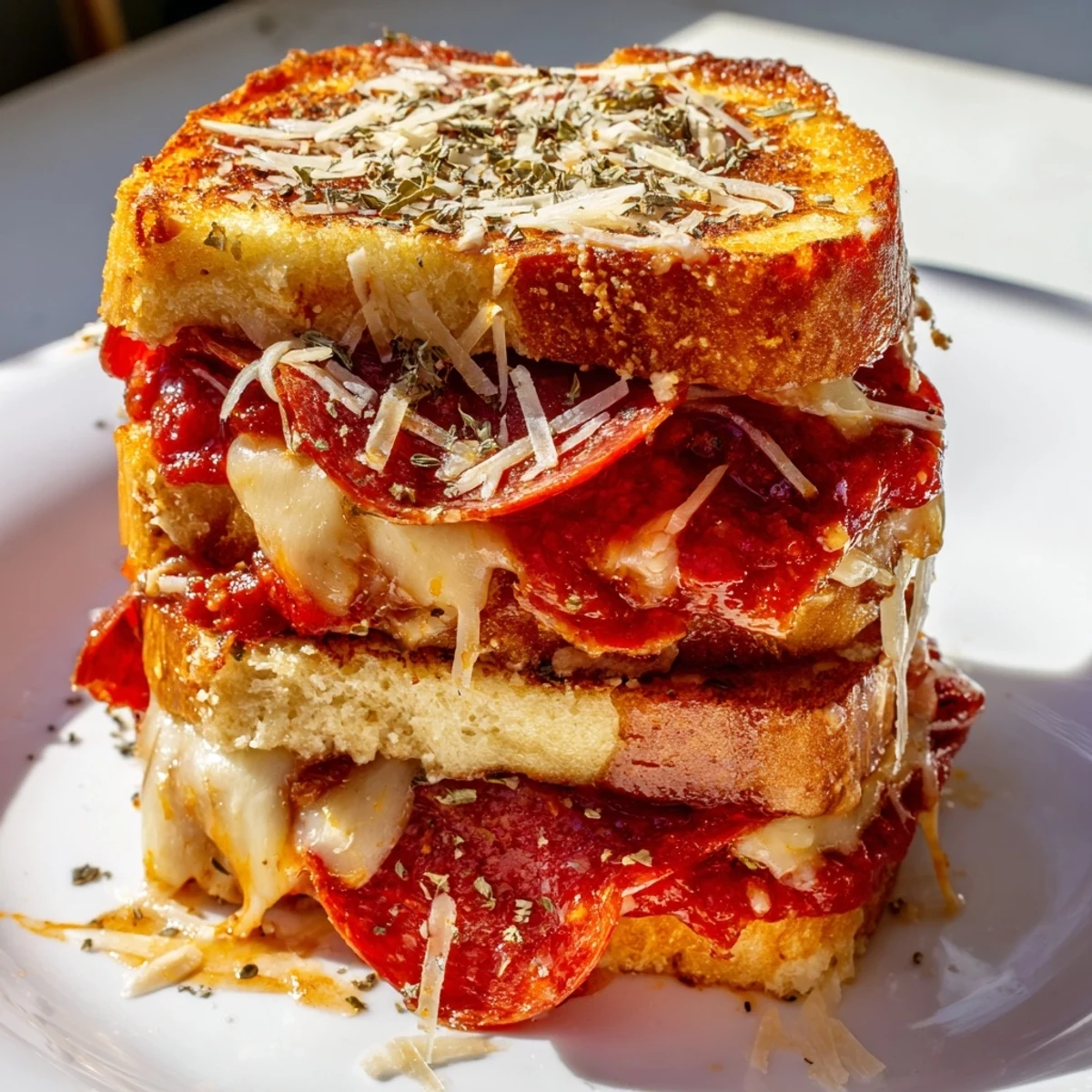 A plated Pizza Grilled Cheese with oregano, served with a side of warm marinara dipping sauce.