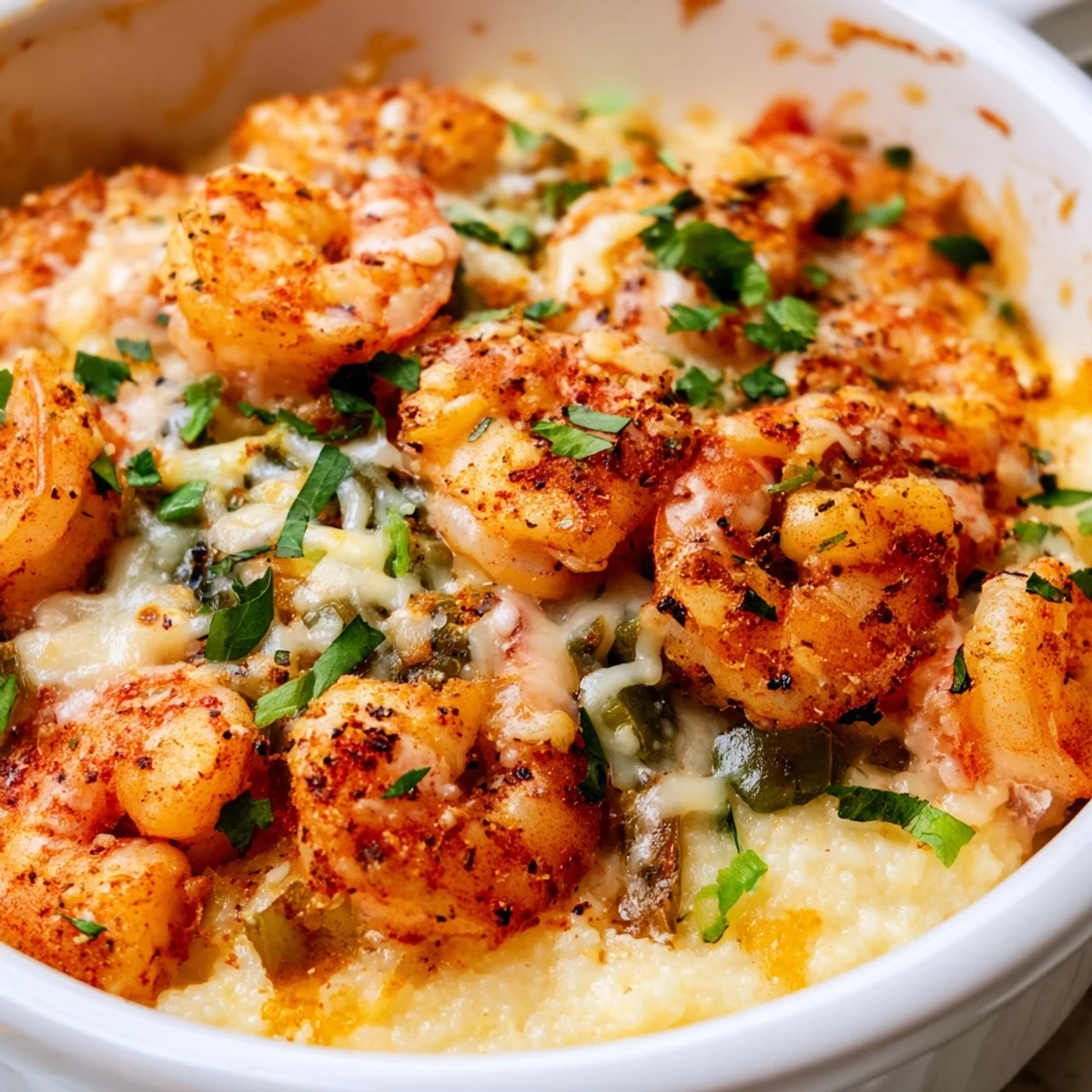 Steaming Easy Shrimp & Grits Casserole fresh from the oven with bubbly cheese and fresh parsley garnish.