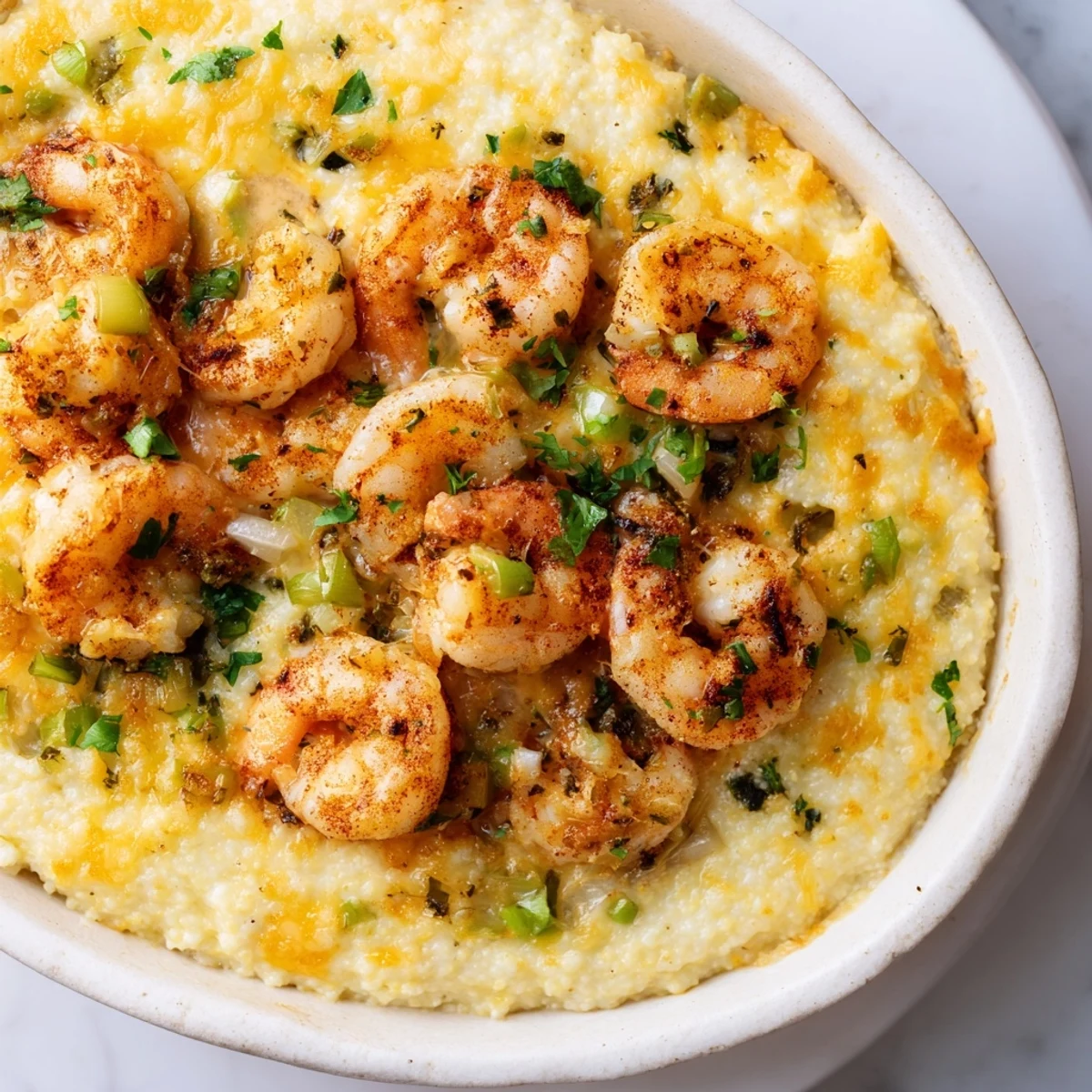A close-up of Easy Shrimp & Grits Casserole revealing creamy grits base topped with succulent shrimp.