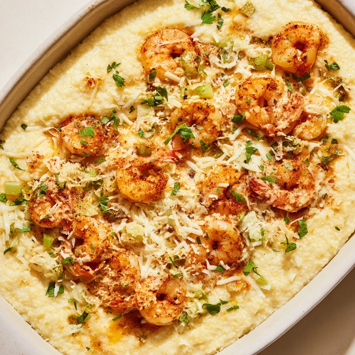Southern-inspired Easy Shrimp & Grits Casserole served warm in a baking dish for a cozy dinner.