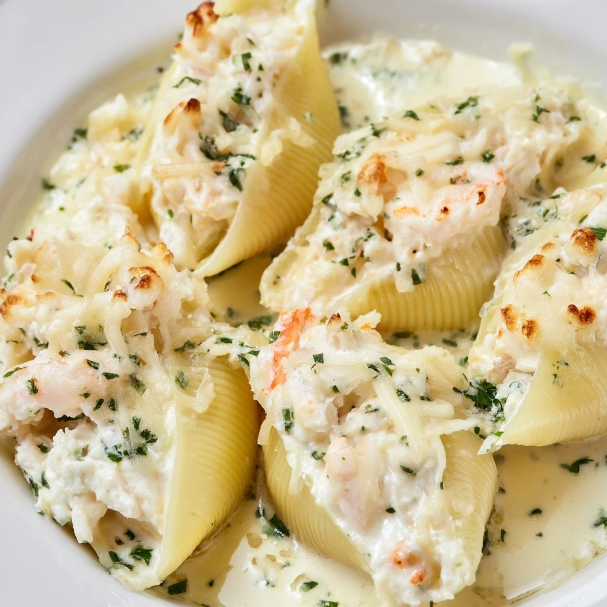 Creamy Seafood Stuffed Shells with shrimp and crab, baked in a rich white sauce, garnished with fresh parsley on a white plate.