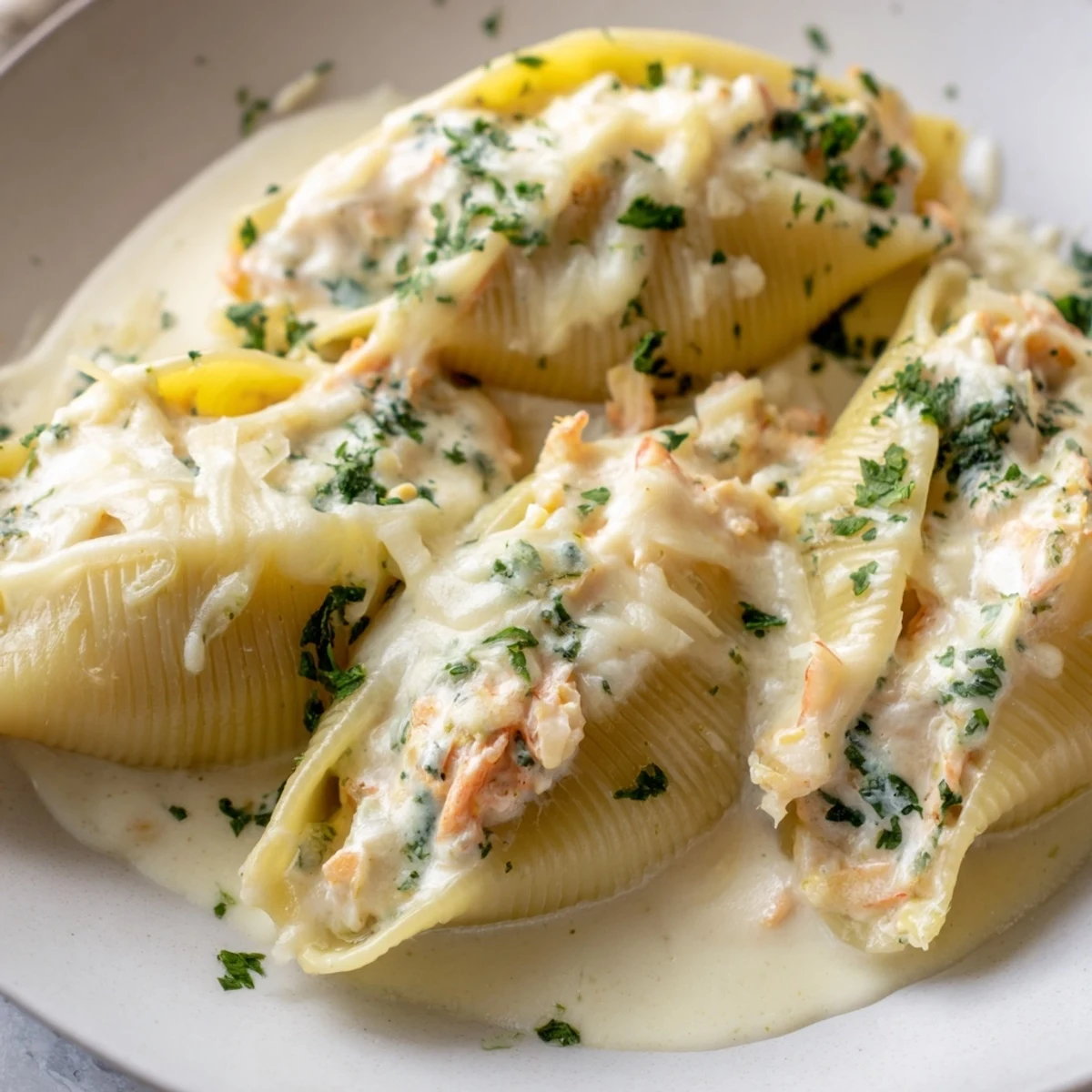 Golden Creamy Seafood Stuffed Shells filled with luscious ricotta and crab, bubbling in a creamy sauce, ready to serve for dinner.