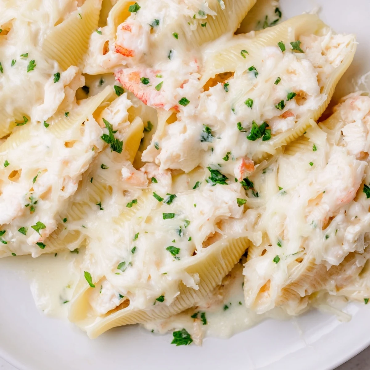 A close-up of Creamy Seafood Stuffed Shells, tender pasta stuffed with shrimp and cheese, topped with melted mozzarella and fresh herbs.