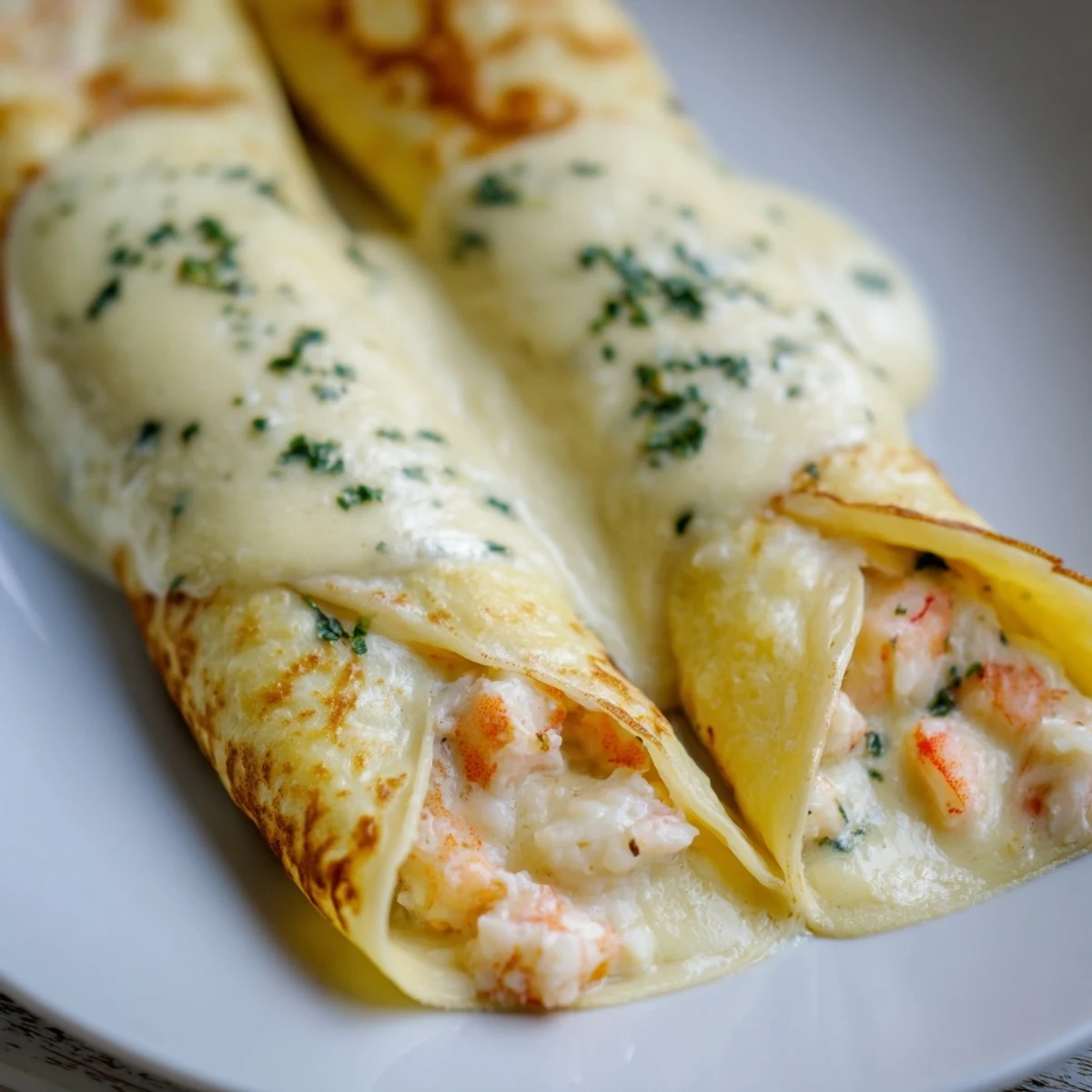 Golden-baked Gourmet Seafood Crêpes with Homemade Béchamel Sauce bubbling in a white ceramic dish, garnished with fresh parsley.