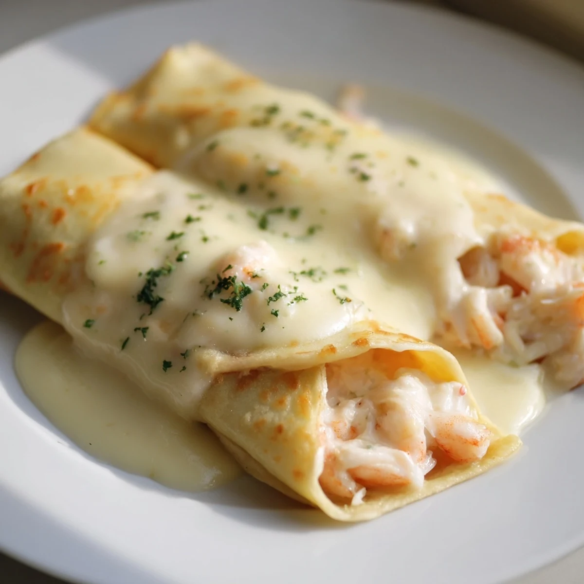 Close-up of rolled Gourmet Seafood Crêpes with Homemade Béchamel Sauce revealing creamy shrimp and crab filling inside.