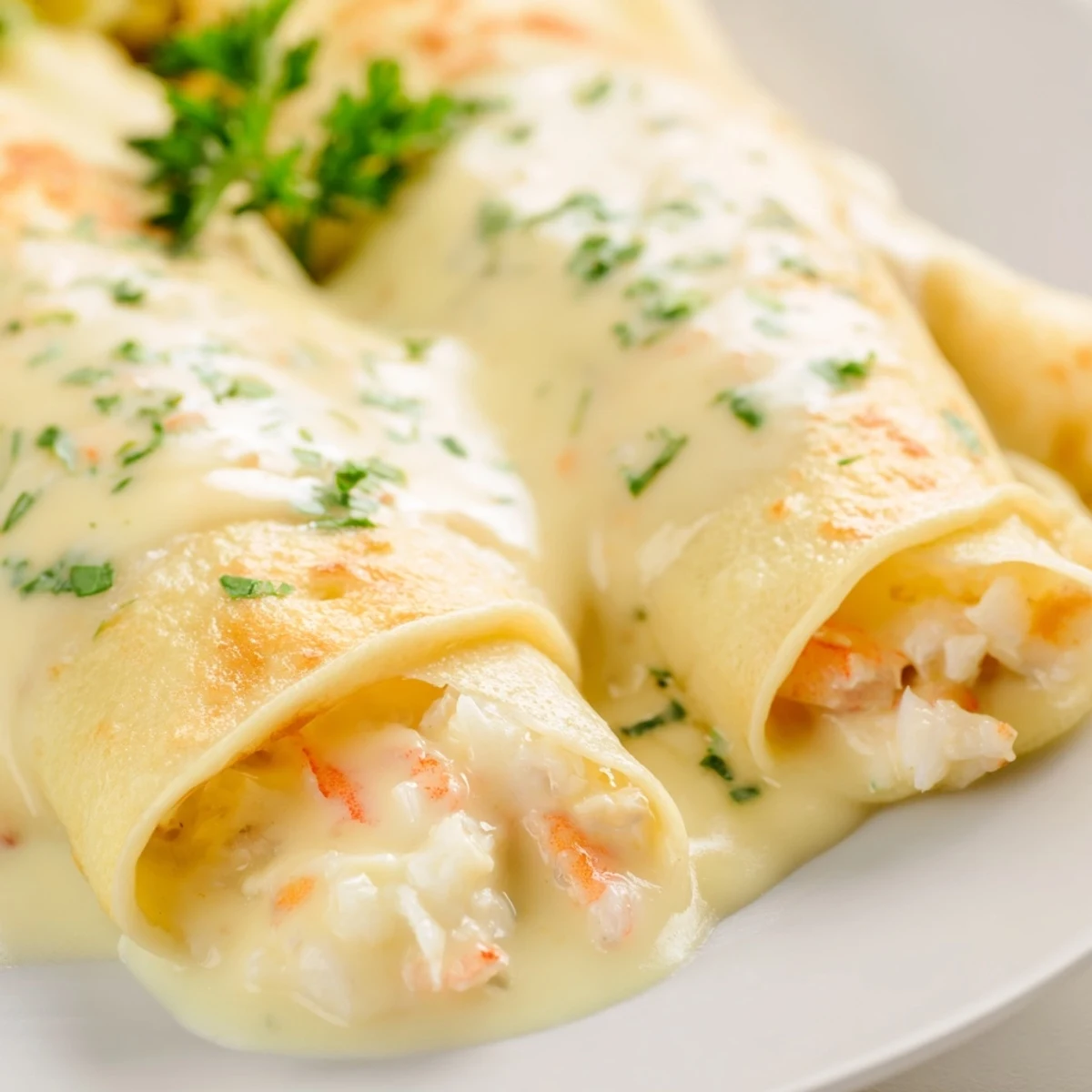 Plated Gourmet Seafood Crêpes with Homemade Béchamel Sauce served with a glass of crisp white wine for dinner.