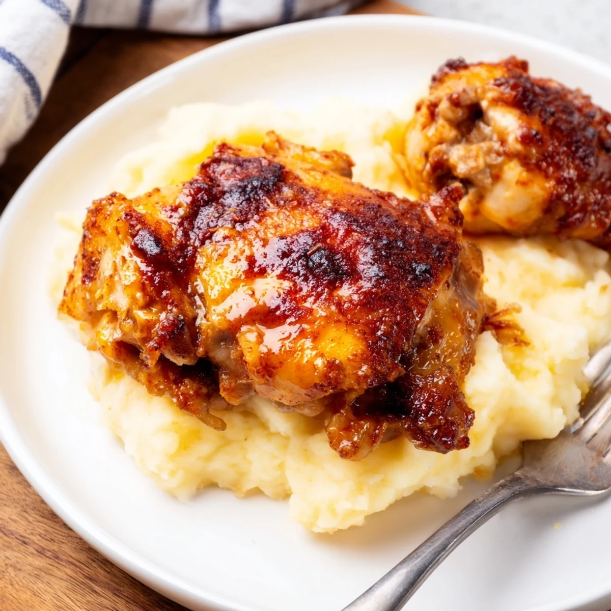 Glistening chipotle honey chicken thighs with crispy skin rest beside creamy smoked Gouda mashed potatoes on a rustic plate.