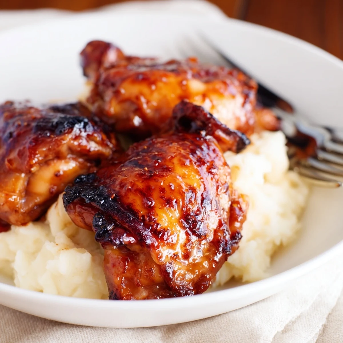 Golden brown chipotle honey glazed chicken thighs sit atop a bowl of fluffy smoked Gouda potatoes garnished with chives.