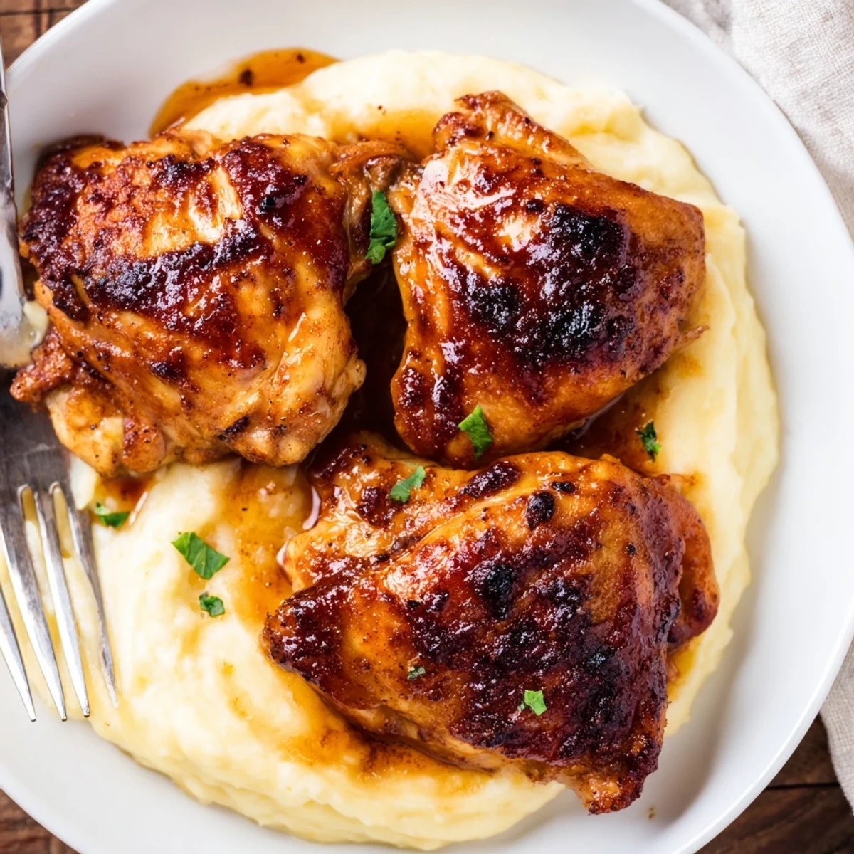 A comforting dinner plate featuring tender chipotle honey chicken thighs and rich, cheesy smoked Gouda mashed potatoes.