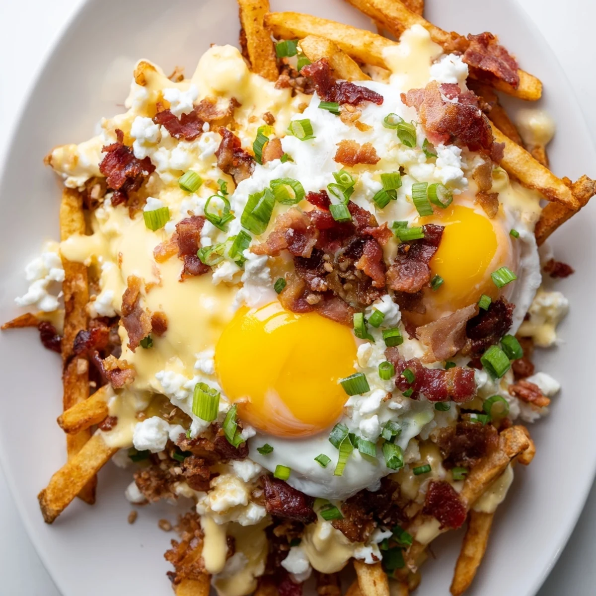 Golden crispy russet potato fries topped with fresh cheese curds, sunny-side-up eggs, and crispy bacon for the Ultimate Breakfast Poutine with Creamy Hollandaise Sauce.