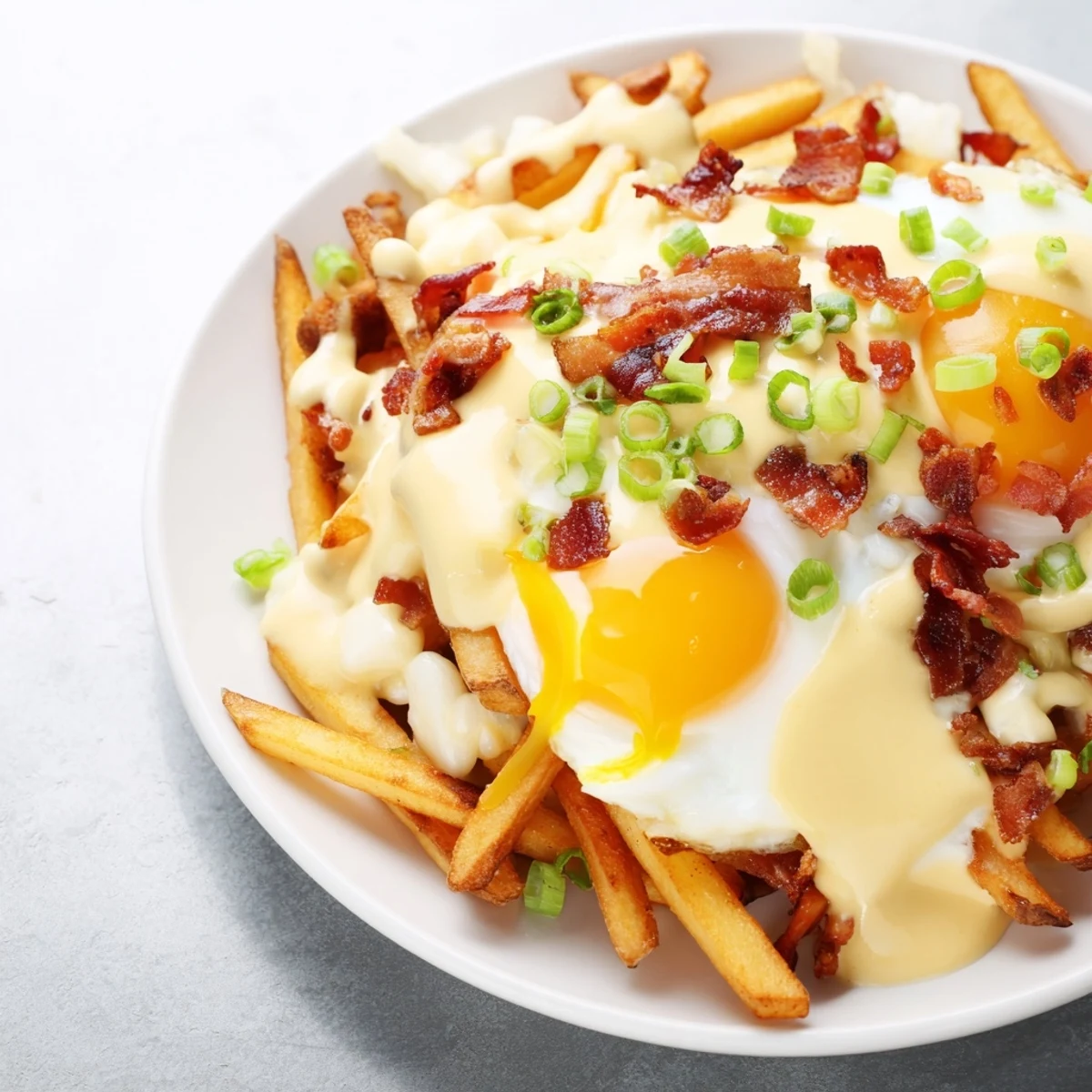 A hearty plate of Ultimate Breakfast Poutine with Creamy Hollandaise Sauce, garnished with green onions and breakfast meats, ready to serve at brunch.