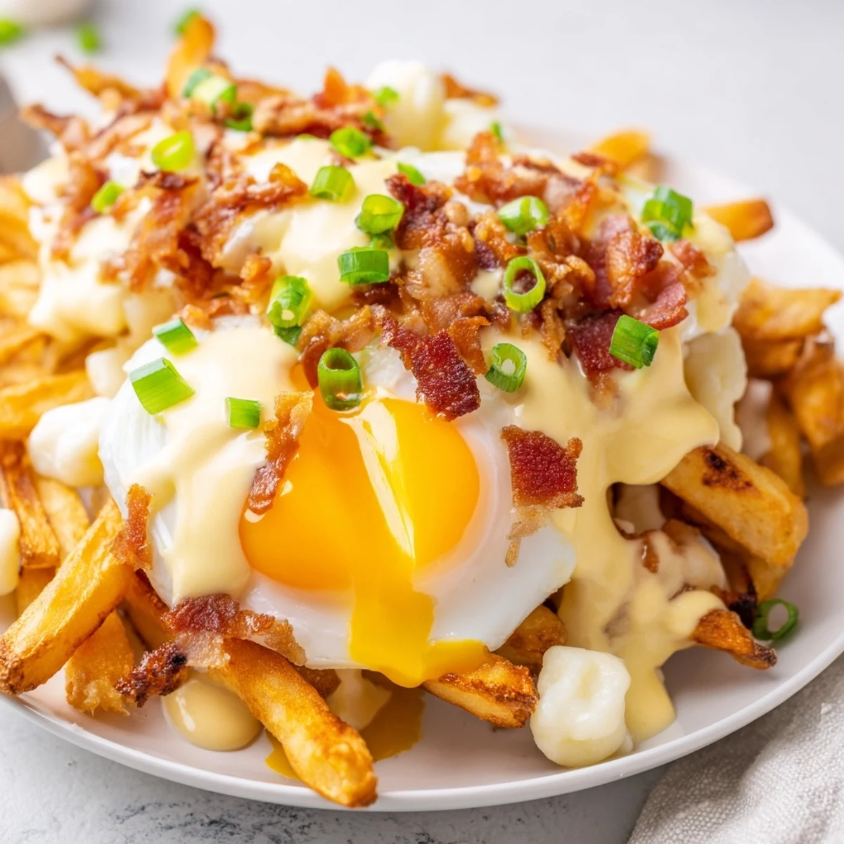 Freshly prepared Ultimate Breakfast Poutine with Creamy Hollandaise Sauce served hot, featuring golden fries, cheese curds, and a rich, velvety egg sauce drizzle.