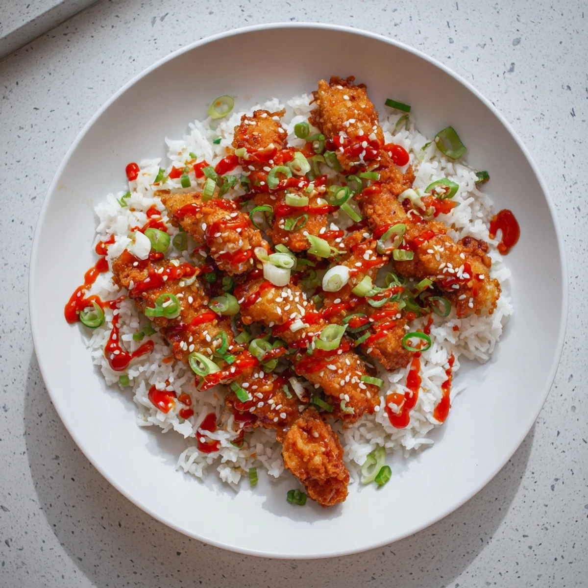 Golden fried cod strips glistening with sweet and spicy glaze sit atop fluffy white rice with a vibrant chili-garlic drizzle.